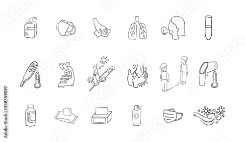 hand draw doodle icon set line art in Coronavirus theme
