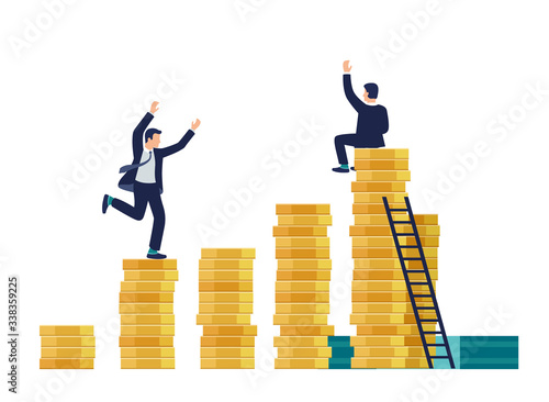 Flat vector people running up the stairs made of coins - investment, leadership, succesful busines concept