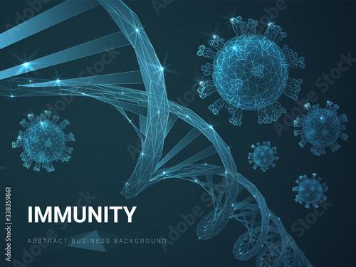 Abstract modern business background vector depicting immunity with virus cells around DNA double helix on blue background.