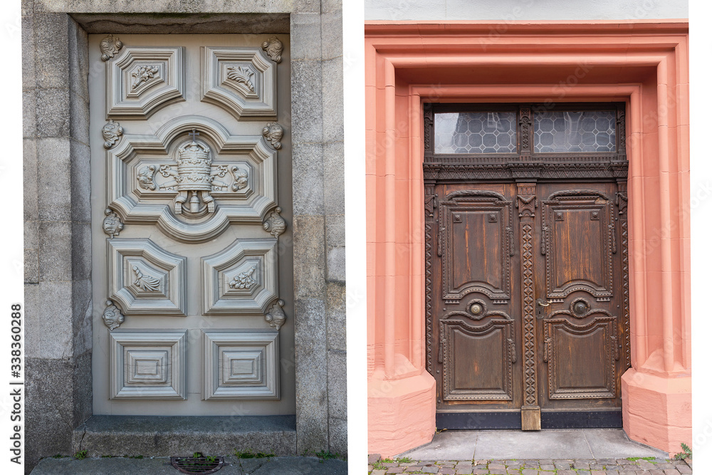 two old weathered wooden doors with wooden decorations in the historic part of Lisbon two old weathered wooden doors with wooden decorations in the historic part of Lisbon