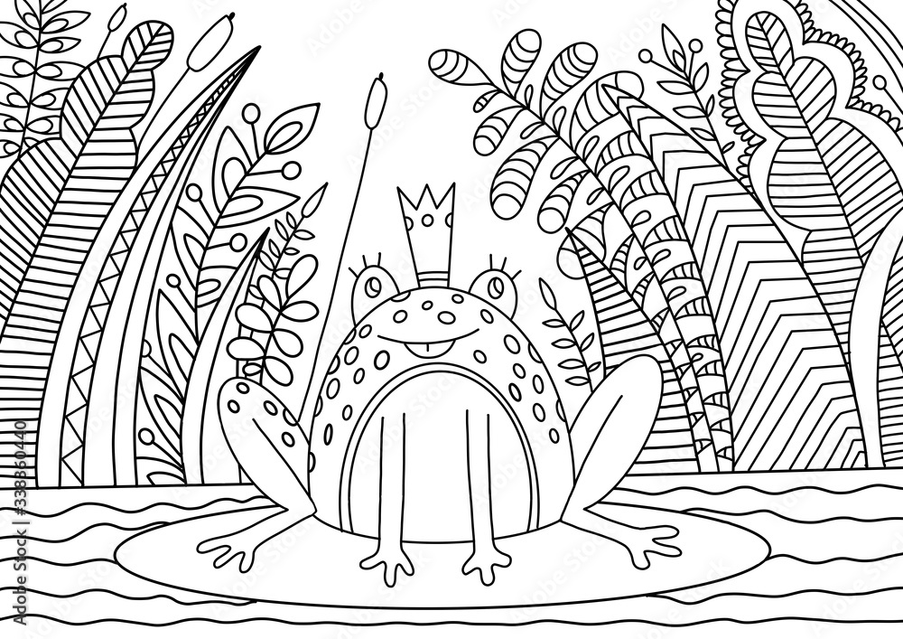 Princess Frog in a swamp coloring book for children and adults. Stylish jewelry. Dud and Zen, meditation, relaxation.
