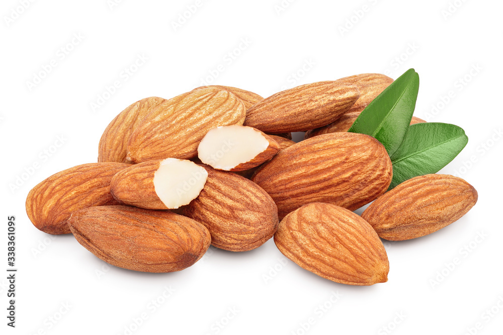 Almonds nuts with leaves isolated on white background with clipping path and full depth of field. Almonds nuts with leaves isolated on white background with clipping path and full depth of field.