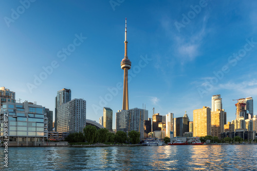 Skyline of Toronto with CN Tower over Ontario Lake  Canada.