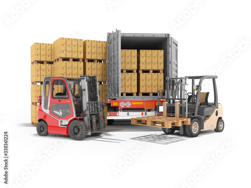 3d rendering group of forklift truck loading boxes on pallets into truck on white background with shadow