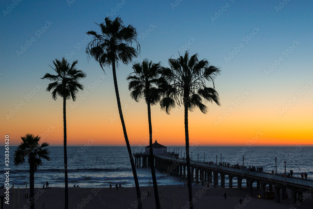 Fototapeta premium Palmy na tropikalnej plaży o zachodzie słońca, Los Angeles, Kalifornia
