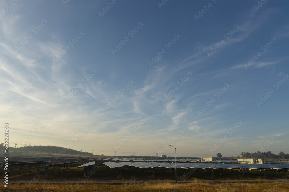 View of the solar farm(solar panel) in the morning, alternative electricity source, this's the sun tracking systems, Photovoltaic module idea for clean energy production to protect the environment View of the solar farm(solar panel) in the morning, alternative electricity source, this's the sun tracking systems, Photovoltaic module idea for clean energy production to protect the environment