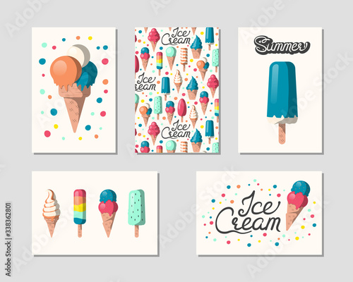 Ice cream summer greeting cards. Colorful summer party banners. Dessert borders. Patterns with lettering.