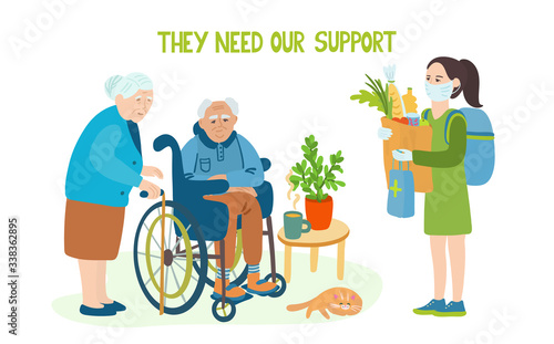They need our support. Lettering and Illustration of senior couple and a young woman with a protective mask and gloves. She brought  medicine and a package full of food to help vulnerable people.