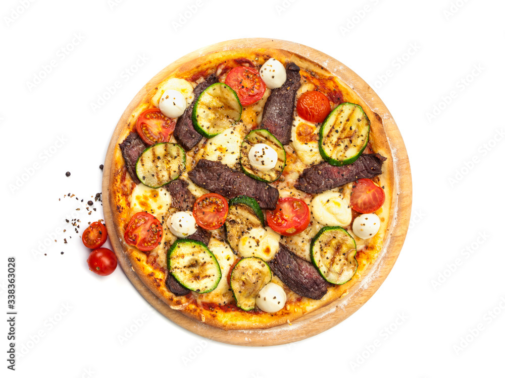 Pizza with beef, grilled zucchini, cherry tomatoes and mozarella cheese on wooden platter isolated on white Pizza with beef, grilled zucchini, cherry tomatoes and mozarella cheese on wooden platter isolated on white