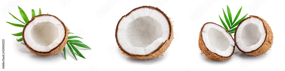 coconut with leaves isolated on white background. Set or collection coconut with leaves isolated on white background. Set or collection