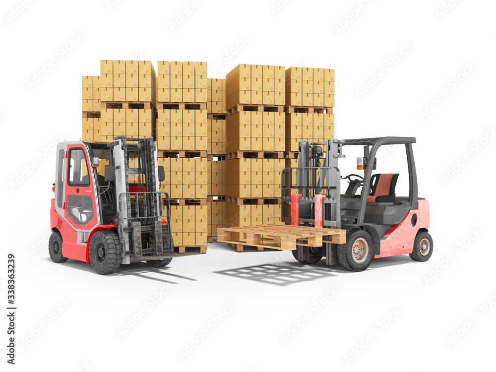 3d rendering of group of forklift truck loading boxes on pallets on white background with shadow 3d rendering of group of forklift truck loading boxes on pallets on white background with shadow