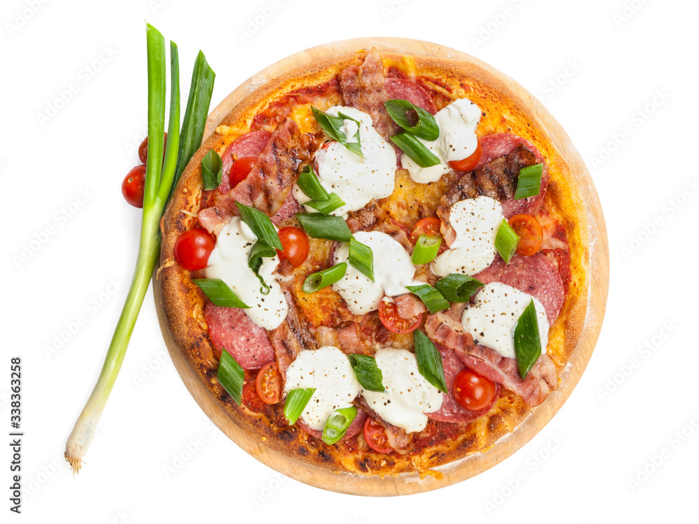 Pizza with salami, bacon, sour cream, tomatoes and spring onions isolated on white Pizza with salami, bacon, sour cream, tomatoes and spring onions isolated on white