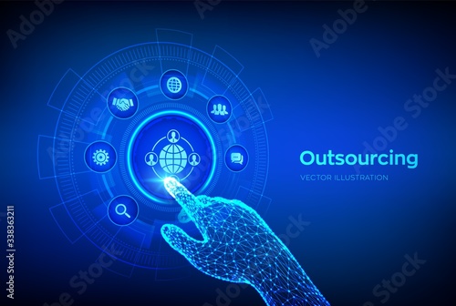 Outsourcing and HR. Social network and global recruitment. Global Recruitment Business and internet concept on virtual screen. Robotic hand touching digital interface. Vector illustration.