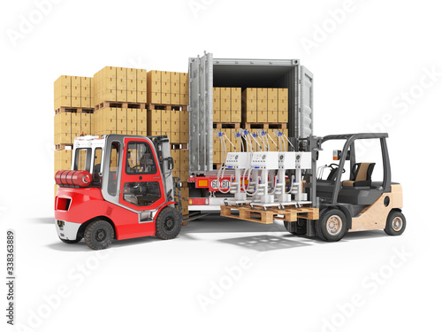 3d rendering group of forklift truck loading medical equipment into truck on white background with shadow