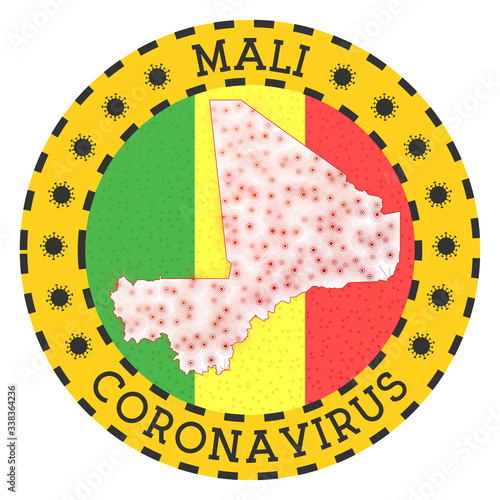 Coronavirus in Mali sign. Round badge with shape of Mali. Yellow country lockdown emblem with title and virus signs. Vector illustration.