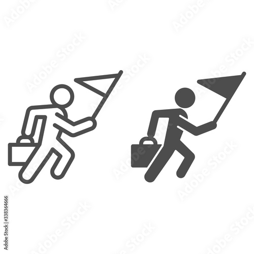 Career races line and solid icon. Running man with flag and briefcase outline style pictogram on white background. Business competition for mobile concept and web design. Vector graphics.