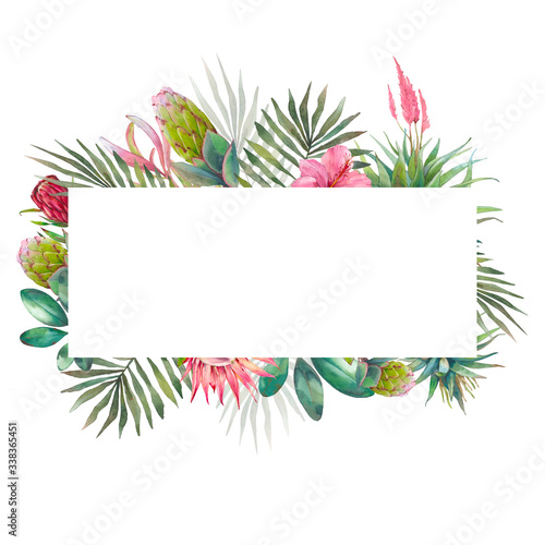 Watercolor jungle floral frame. Ready to use card design with exotic leaves and branches. Botanical label