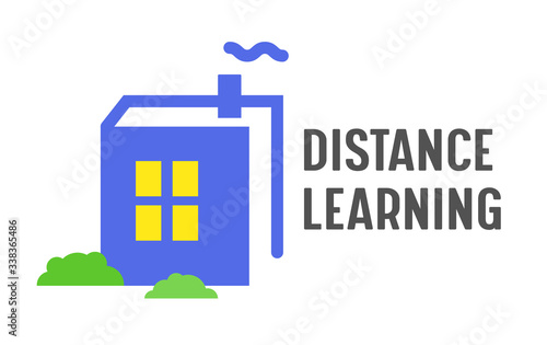 Distance Learning Banner Online Education Courses, Homeschooling Concept. Book in Shape of House with Glowing Window and Chimney on Roof Isolated on White Background. Cartoon Vector Illustration, Icon