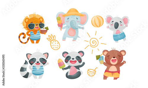 Cartoon Animals Drinking Cocktails and Eating Ice Cream Vector Set