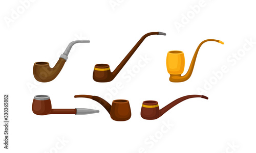 Tobacco Pipes Made of Wood and Metal Vector Set