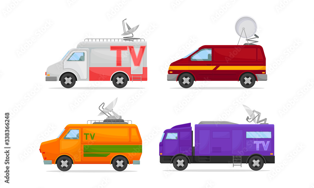 Broadcasting Cars with Satellite Dish on the Roof Vector Set