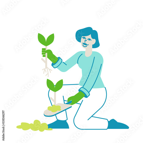 Young Woman Gardener or Florist Character Working in Botanical Garden or Home Backyard Terrace Orangery Planting Flowers or Veggies. Female Enjoying Plants Gardening Hobby. Linear Vector Illustration