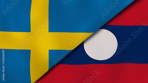 The flags of Sweden and Laos. News, reportage, business background. 3d illustration photo
