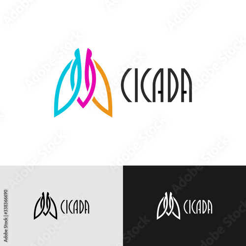 Cicada insect creative color logo. Elegant wide lines style symbol with text.