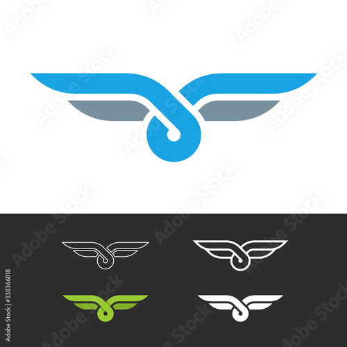 Knot style logo with wings. Two color ropes with elegant round node in a center. Bird stylized symbol.