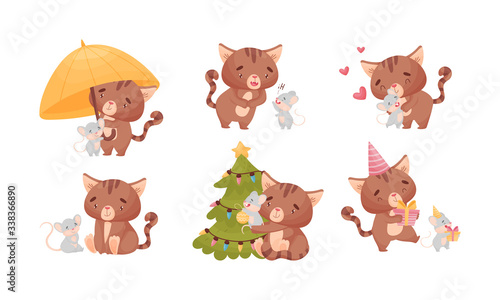 Funny Kitten with Striped Tail Playing with Tiny Mouse Friend Vector Set
