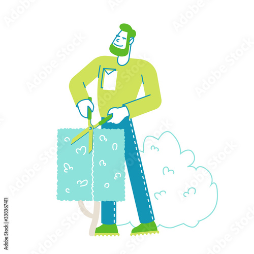 Worker Male Character Trimming Bush in Garden. Man Cut Hedge in Orchard Doing Gardener Works Prune Shrub with Scissors. Farmer Professional Occupation, Yardwork Maintenance. Linear Vector Illustration