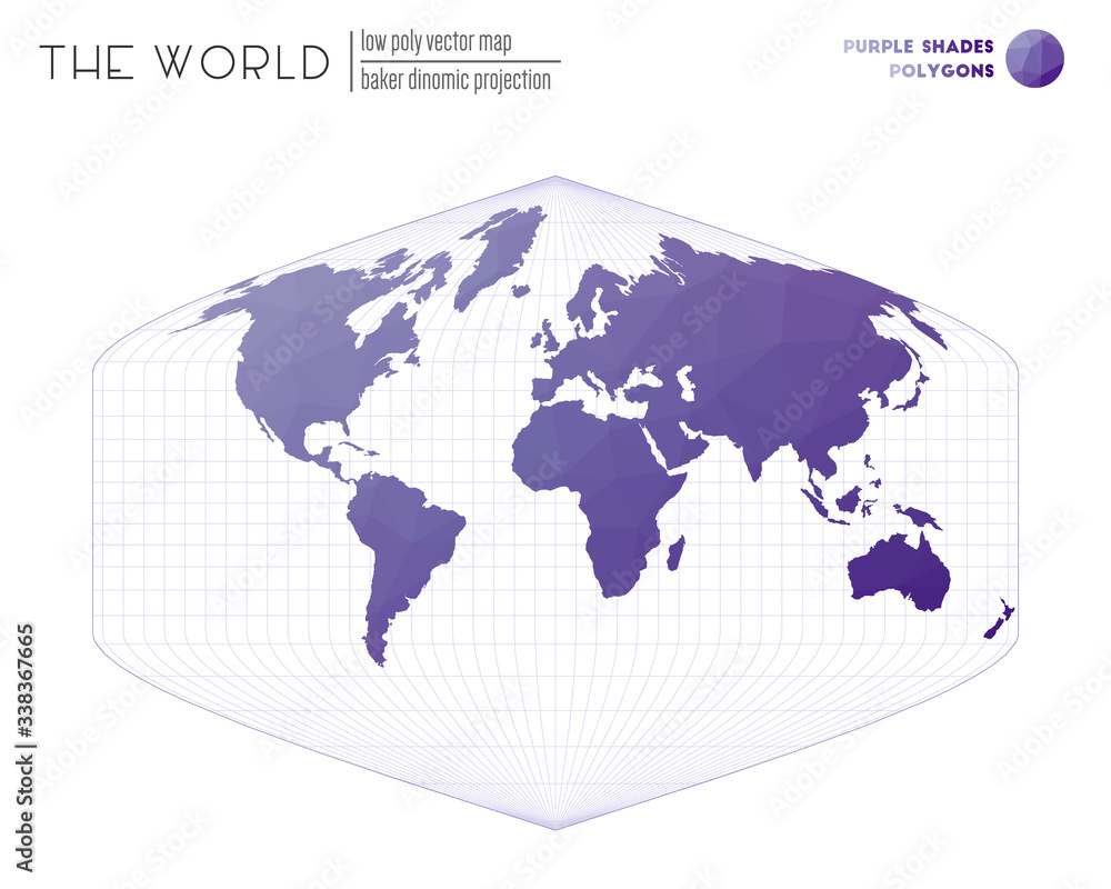 Low poly design of the world. Baker Dinomic projection of the world. Purple Shades colored polygons. Elegant vector illustration.