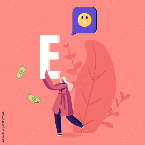 Female Character Carry Huge Letter E with Smile Icon and Money Bills around. Woman Spread Hype in Social Networks, Trends in Advertising and News, Public Relations. Cartoon Vector Illustration