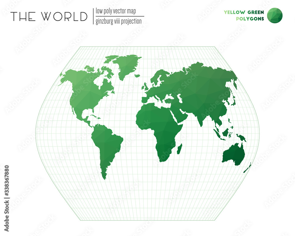Polygonal world map. Ginzburg VIII projection of the world. Yellow-Green colored polygons. Amazing vector illustration. Polygonal world map. Ginzburg VIII projection of the world. Yellow-Green colored polygons. Amazing vector illustration.