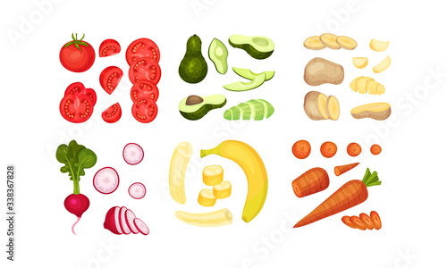 Chopped Vegetables and Fruits for Cooking Isolated on White Background Vector Set