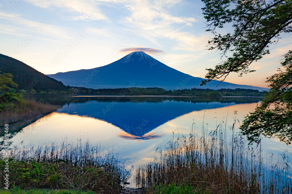 Obraz premium 富士山と笠雲、静岡県富士宮市田貫湖にて