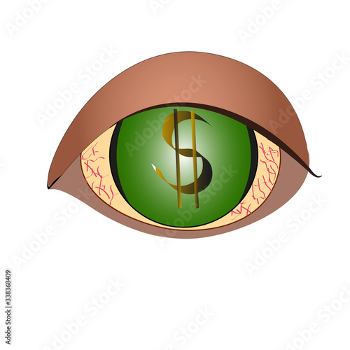 he eye with the dollar sign. greedy eyes.the green iris. greed is avarice.vector illustration isolated on a white background.