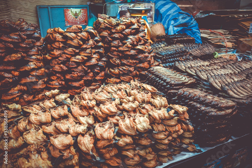 Dried fishes on Warorot market, Chiang Mai, Thailand photo