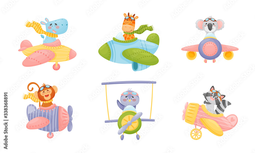 Cute Animals Wearing Aviator Goggles Flying an Airplane with Scarf Fluttering Behind Vector Set