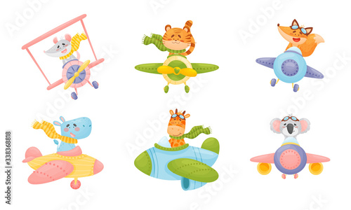 Cute Animals Wearing Aviator Goggles Flying an Airplane with Scarf Fluttering Behind Vector Set