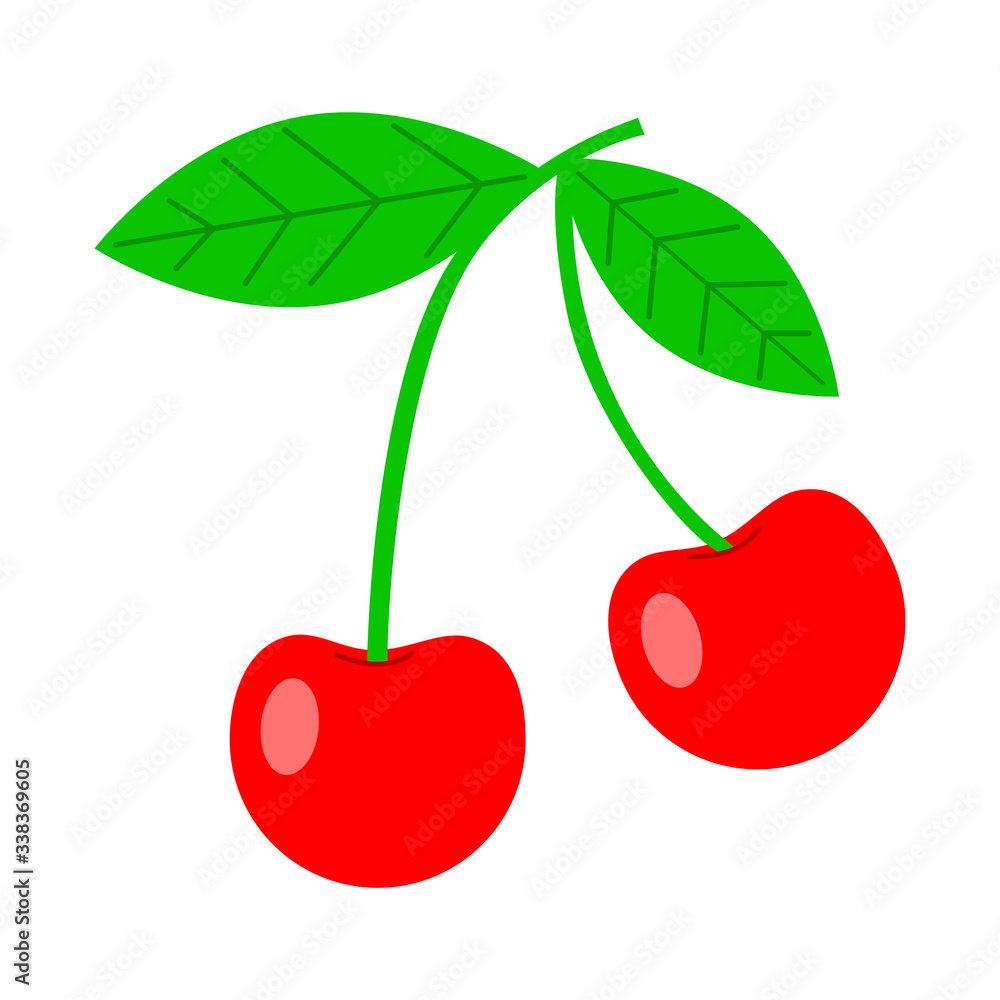 Ripe red cherry with a green leaves on white background. Vector illustration. Ripe red cherry with a green leaves on white background. Vector illustration.