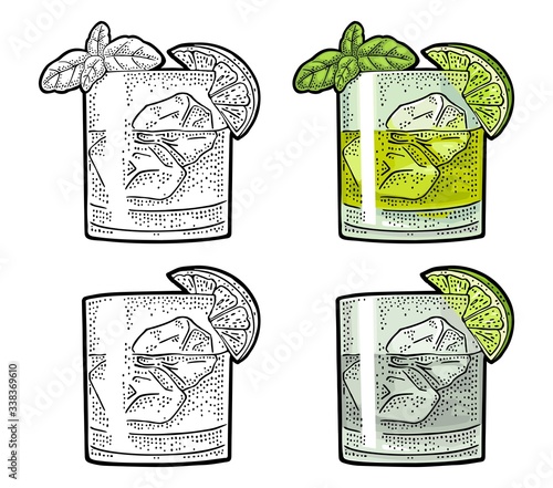 Cocktail gin wih basil and lime. Vintage color vector engraving