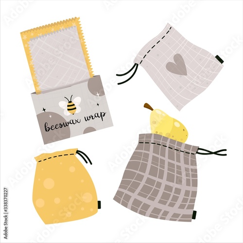 Zero waste lifestyle kitchen elements - beeswax wrap, grocery bag, eco bag. Vector cute illustration. Reusable and recyclable eco items. Plastic free. Go green.