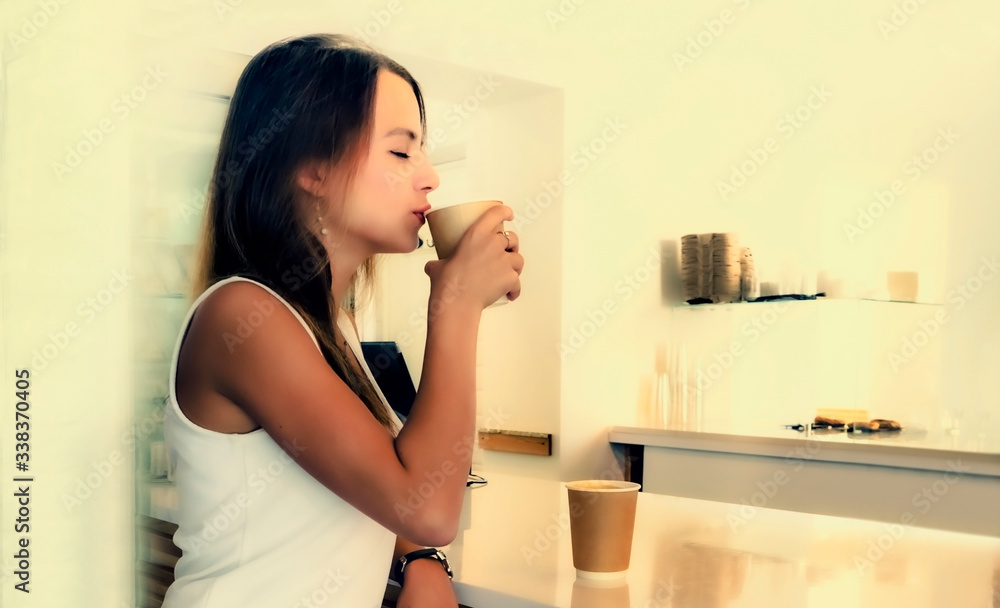 Young beautiful girl holding a cup of coffee in cafe. Outdoor portrait of young beautiful woman posing while traveling holiday vocation. Girl with coffee. Female traveler, travel vacation fun summer. Young beautiful girl holding a cup of coffee in cafe. Outdoor portrait of young beautiful woman posing while traveling holiday vocation. Girl with coffee. Female traveler, travel vacation fun summer.