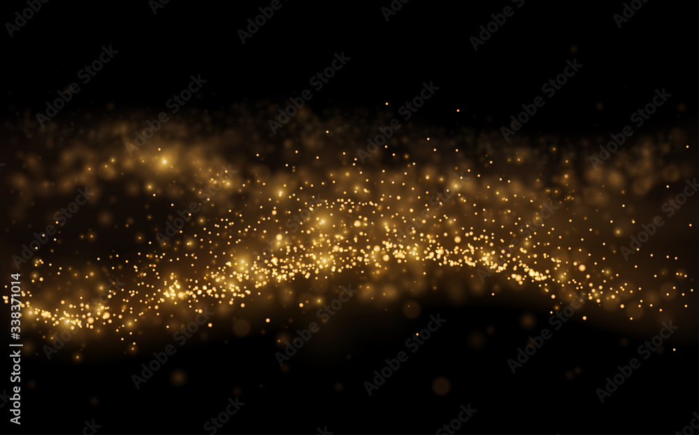 Gold light shine particles on black background - obrazy, fototapety, plakaty 