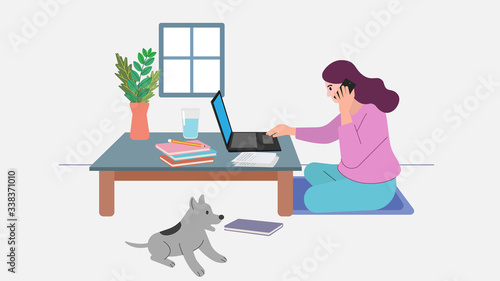 Woman and dog. Work From Home with a Notebook, Smartphone and Documents. Stop Virus epidemic outbreak. Reduce the epidemic concept.  Flat Design Illustration