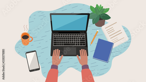 Work From Home with a Notebook, Smartphone, Documents and Coffee. Stop Virus epidemic outbreak. Reduce the epidemic concept.  Flat Design Illustration