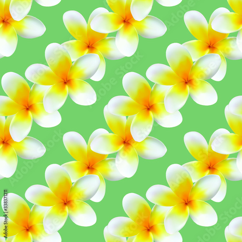 Vector seamless pattern of light yellow plumeria flowers. The flowers are made in a realistic style using the gradient mesh technique. Great for scrapbooking and abstract floral backgrounds.