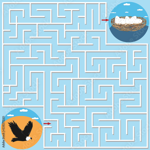 Maze game for children on the theme of nature, help the eagle find the way to the nest with eggs, background blue, vector illustration, flat design