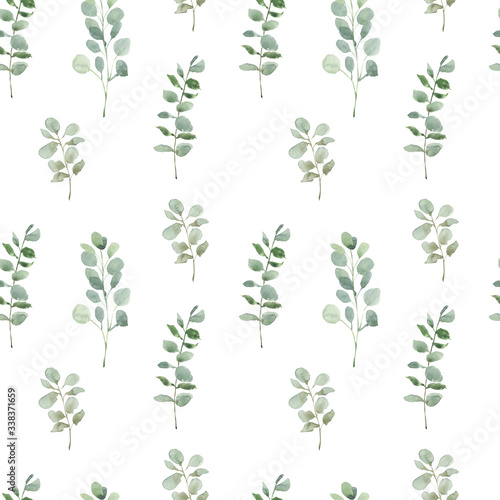 Beautiful seamless pattern with watercolor foliage. Hand painted illustration. Green branches and leaves. Best for background, wallpaper, wrapping paper, textile, bedding fabric, prins, fashion design